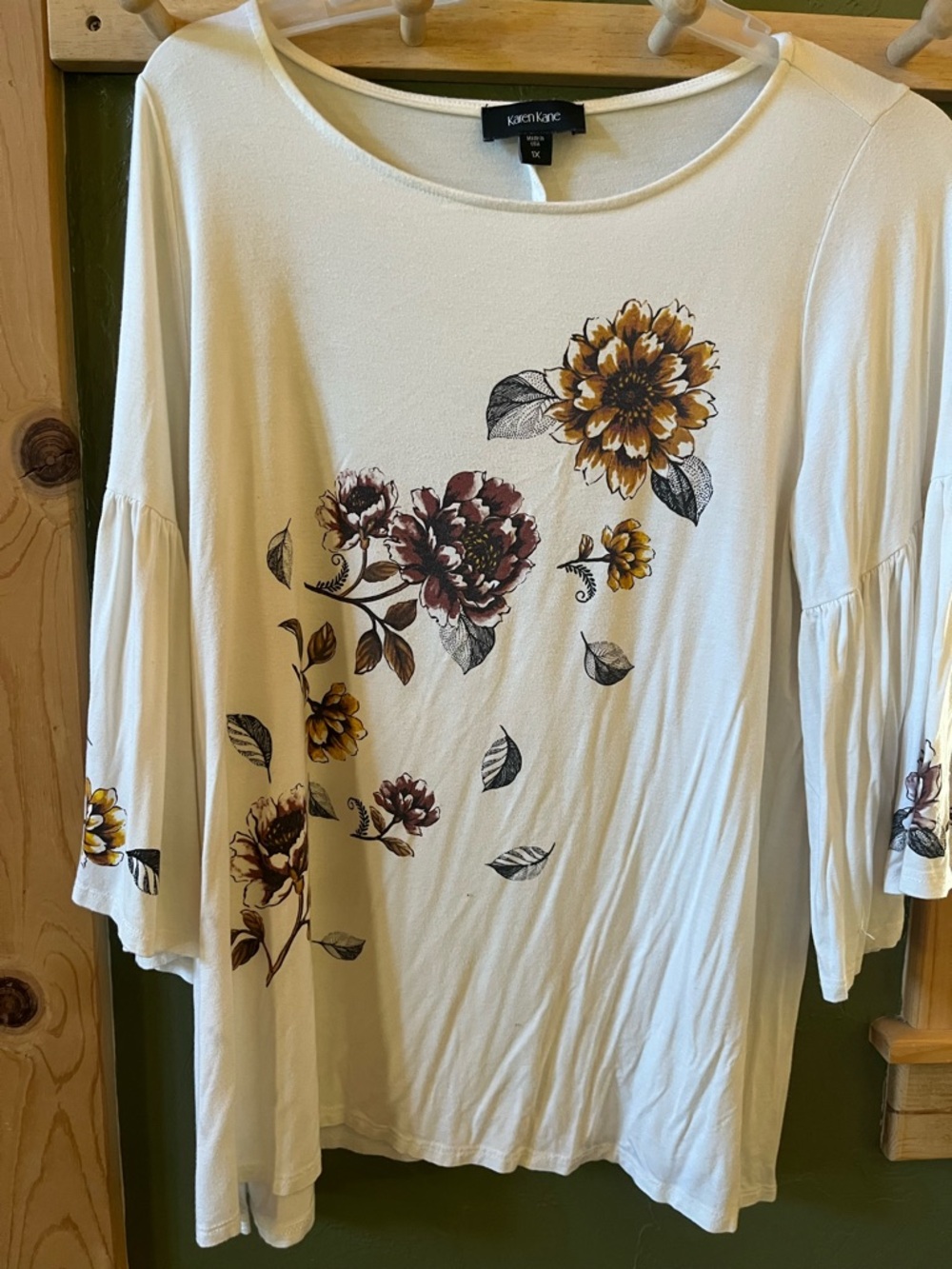 Karen Kane Cream Floral Bell-Sleeve Tunic with Mustard & Brown Accents